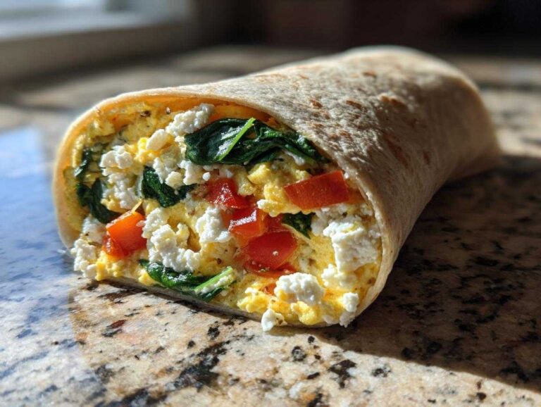 Close-up of a High-Protein Egg White Breakfast Wrap filled with scrambled egg whites, feta cheese, spinach, and diced red peppers.