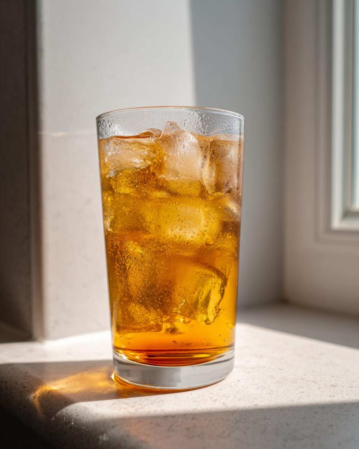 Close-up of a tall glass filled with Iced Peach Green Tea and ice cubes, condensation on the glass.