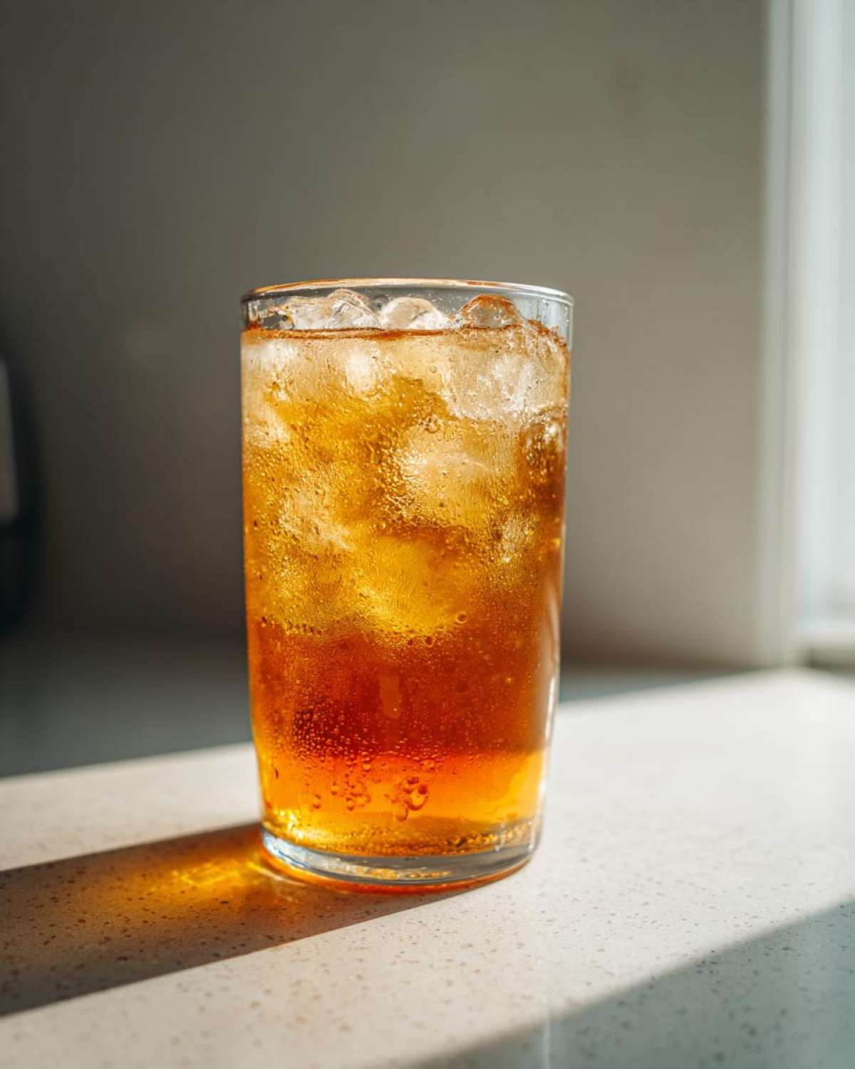 A tall glass filled with cold Iced Peach Green Tea and ice cubes, showing condensation on the glass.