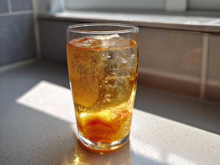 A tall glass filled with bubbly Iced Peach Green Tea, ice cubes, and a slice of peach, sitting on a counter.