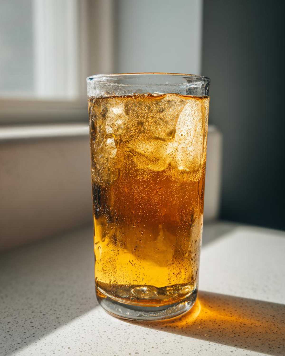 Close-up of a tall glass filled with bubbly Iced Peach Green Tea and ice cubes, catching sunlight.