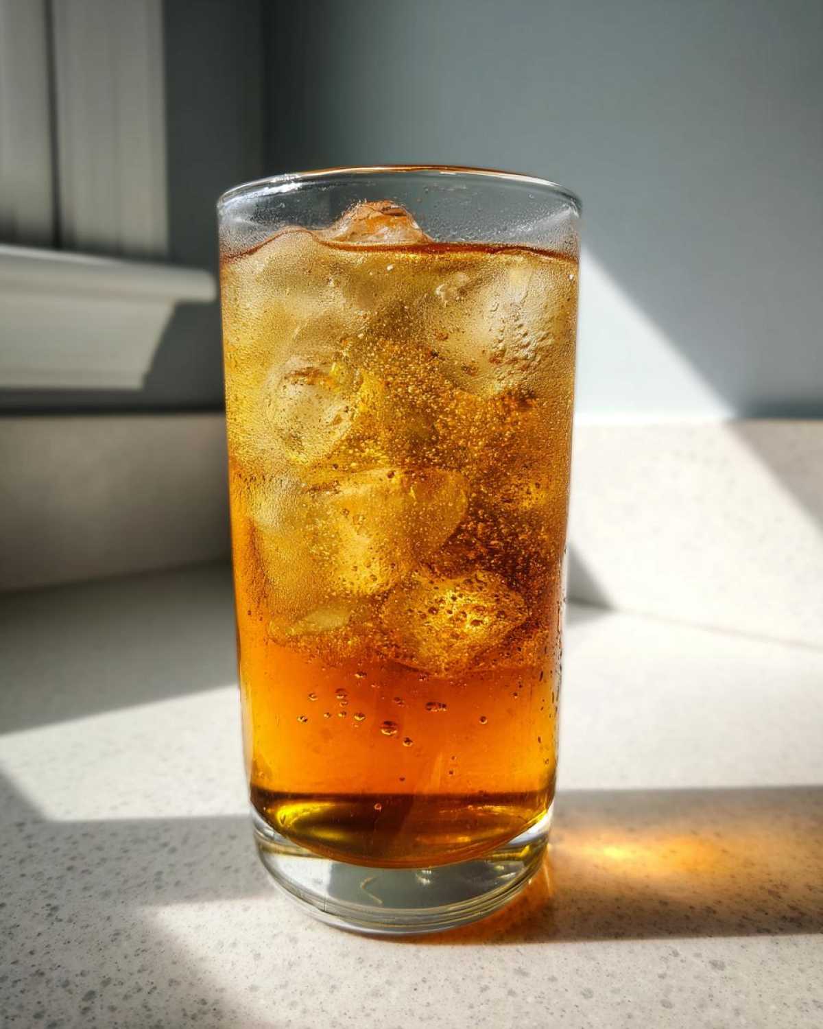 A tall glass filled with amber-colored Iced Peach Green Tea and ice cubes, glistening in sunlight.