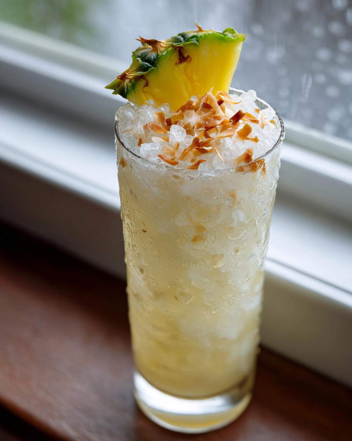 A tall glass filled with an Iced Pineapple Coconut Mocktail, crushed ice, and topped with toasted coconut flakes and a pineapple wedge.