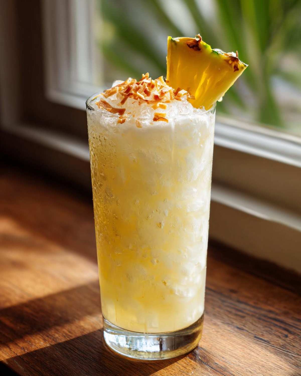 A tall, frosty glass filled with an Iced Pineapple Coconut Mocktail, garnished with toasted coconut and a pineapple wedge.