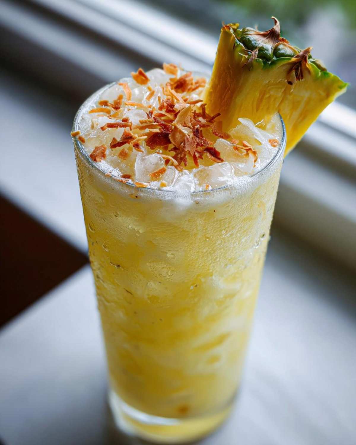 Close-up of a tall glass filled with a yellow Iced Pineapple Coconut Mocktail, topped with ice and toasted coconut.