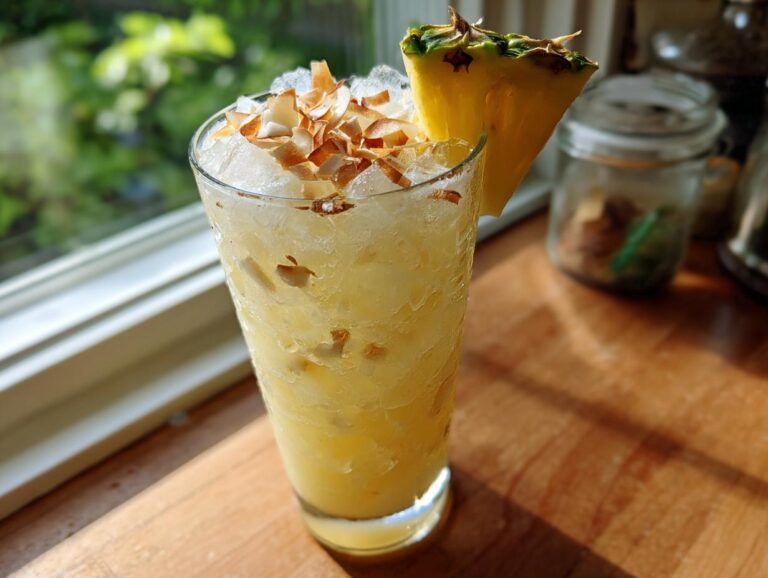 A tall glass filled with an Iced Pineapple Coconut Mocktail, topped with crushed ice and toasted coconut flakes.