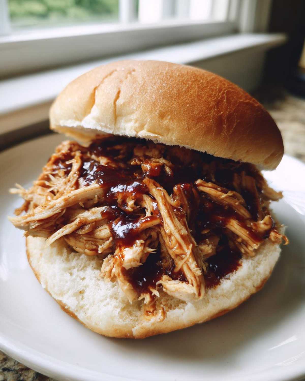 Close-up of a soft bun filled with shredded Instant Pot BBQ Pulled Chicken dripping with sauce.