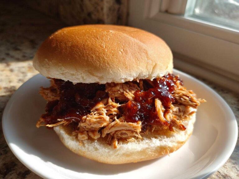 A close-up of a juicy Instant Pot BBQ Pulled Chicken Sandwich served on a soft bun with rich BBQ sauce.