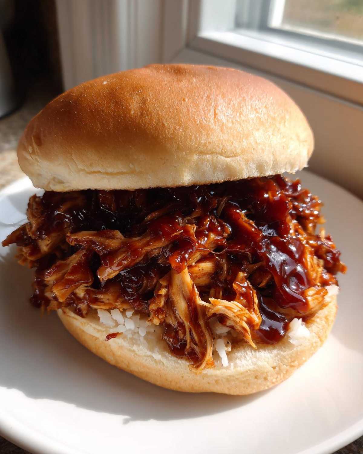 A close-up of a juicy Instant Pot BBQ Pulled Chicken Sandwich served on a soft bun with a layer of white rice underneath the shredded chicken.