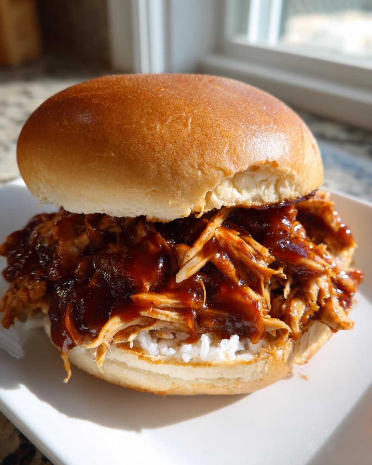 A close-up of a fully assembled Instant Pot BBQ Pulled Chicken Sandwich on a white plate, featuring shredded chicken heavily coated in BBQ sauce.