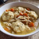 Close-up of a white bowl filled with Instant Pot Chicken and Dumplings, featuring fluffy dumplings, shredded chicken, and carrots in broth.