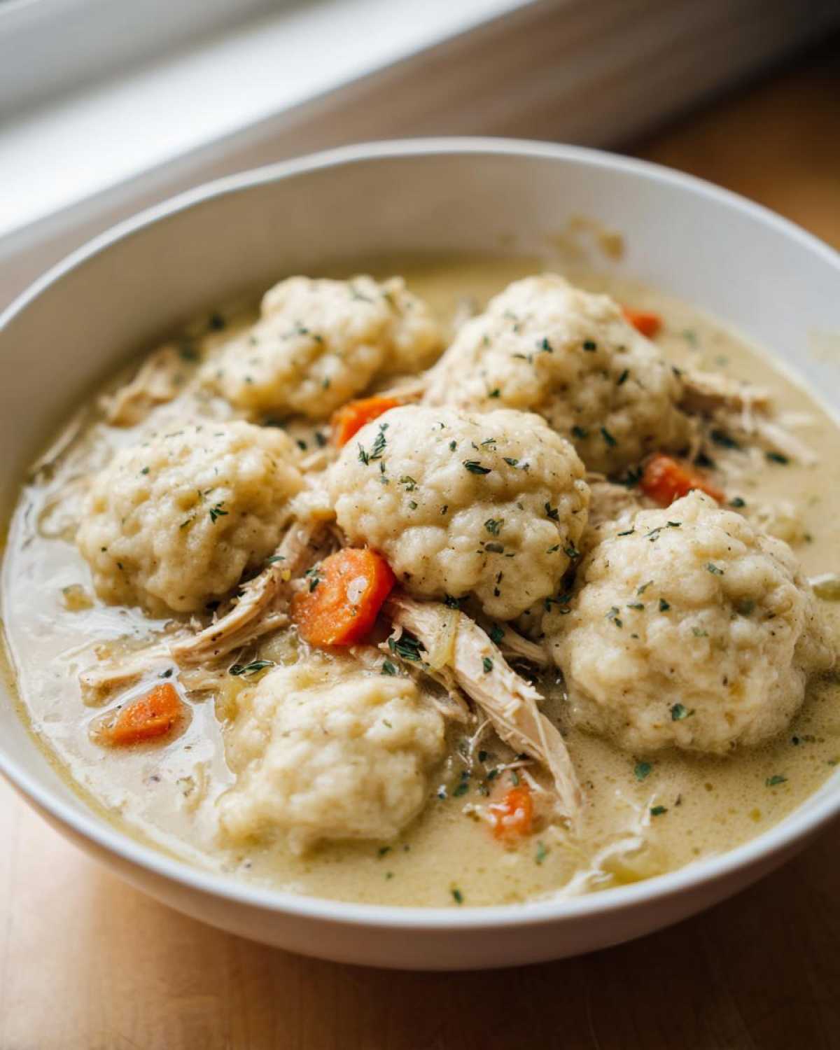 Close-up of a white bowl filled with creamy Instant Pot Chicken and Dumplings, topped with herbs.