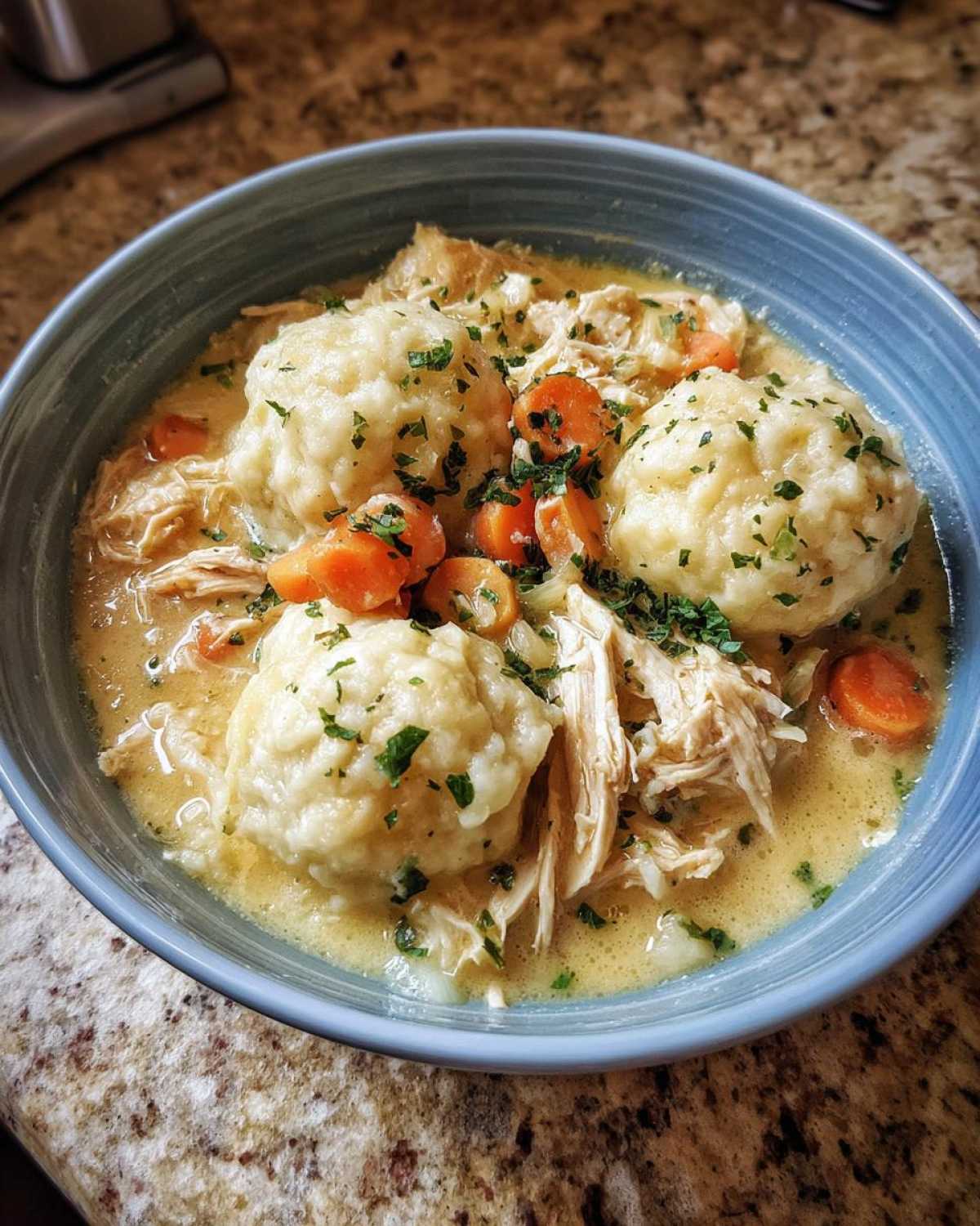 A close-up of creamy Instant Pot Chicken and Dumplings with fluffy dumplings and shredded chicken.