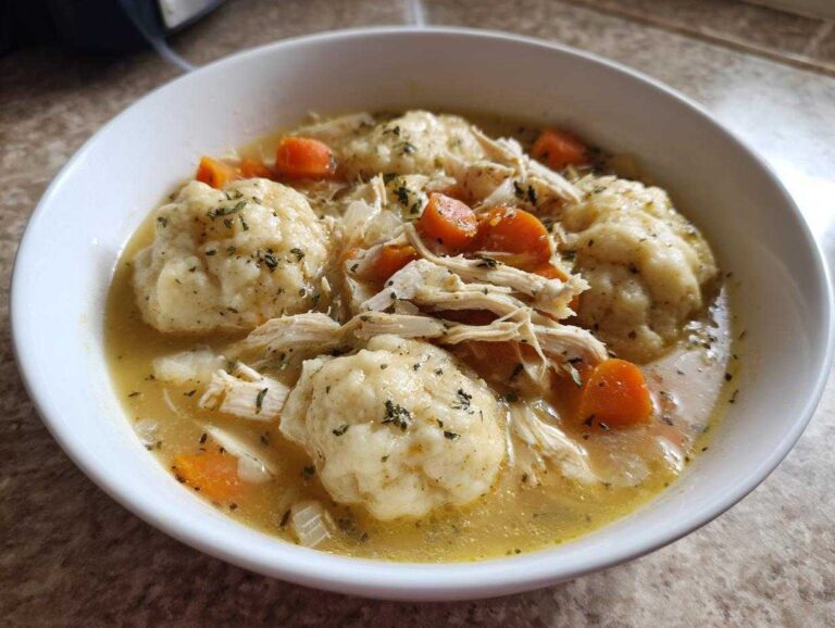Close-up of a white bowl filled with Instant Pot Chicken and Dumplings, featuring fluffy dumplings, shredded chicken, and carrots in broth.