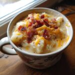 Close-up of Instant Pot Creamy Potato Soup with Bacon, topped with melted cheddar and bacon bits.