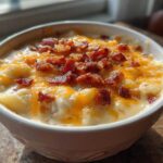 Close-up of a bowl of Instant Pot Creamy Potato Soup with Bacon, topped with melted cheddar cheese.