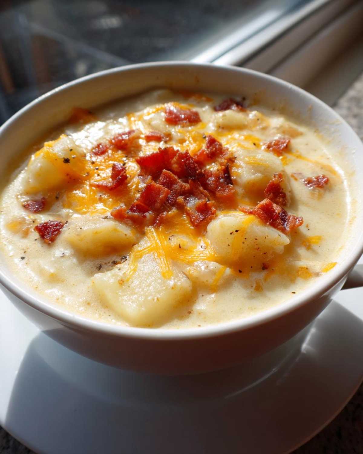 A close-up of Instant Pot Creamy Potato Soup with Bacon, topped with melted cheddar and crispy bacon bits.