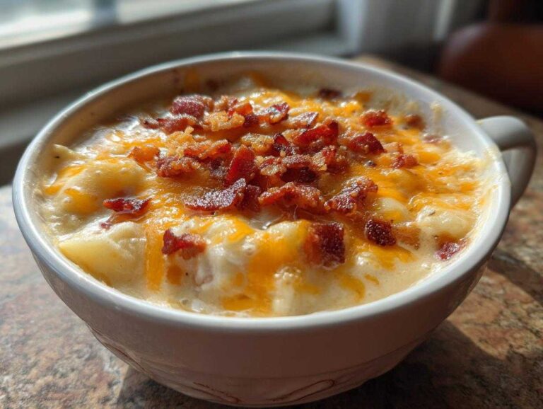 Close-up of a bowl of Instant Pot Creamy Potato Soup with Bacon, topped with melted cheddar cheese.