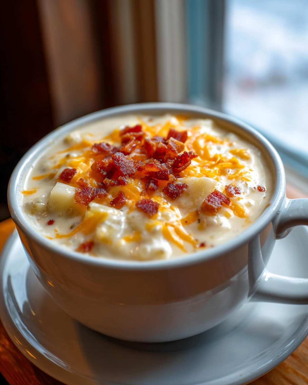 A close-up of a white mug filled with Instant Pot Creamy Potato Soup with Bacon, topped with shredded cheese and bacon bits.