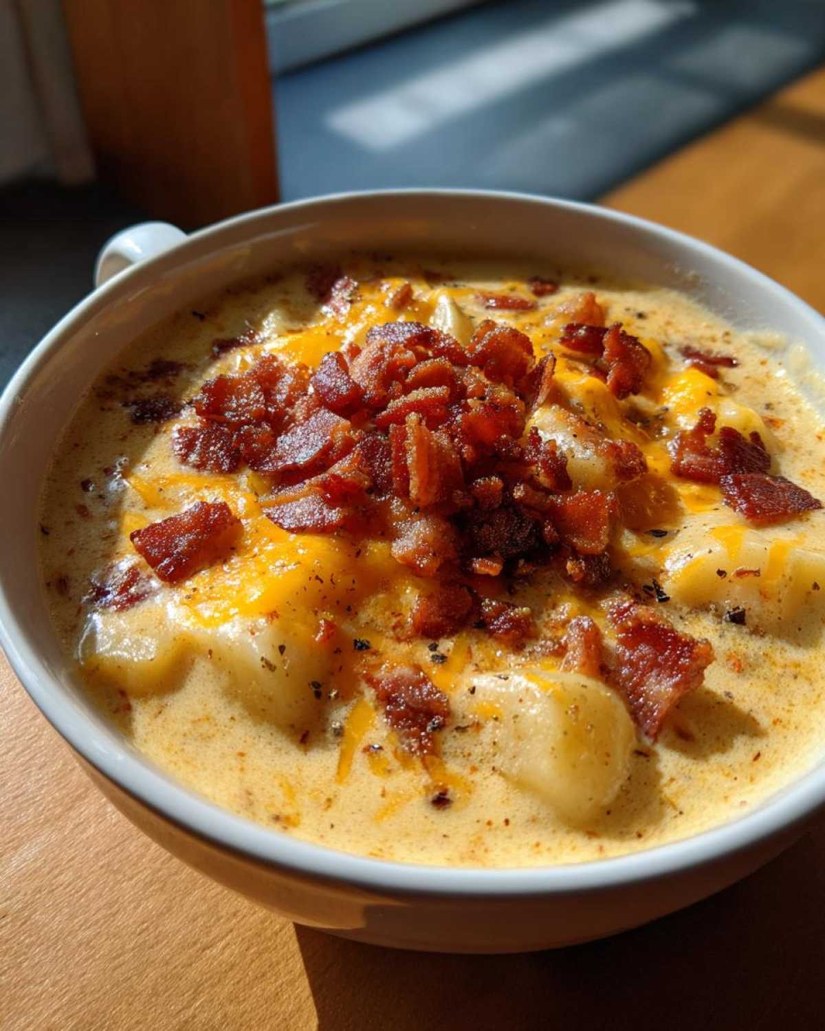 A close-up of a white bowl filled with Instant Pot Creamy Potato Soup with Bacon, topped with melted cheese and crispy bacon bits.