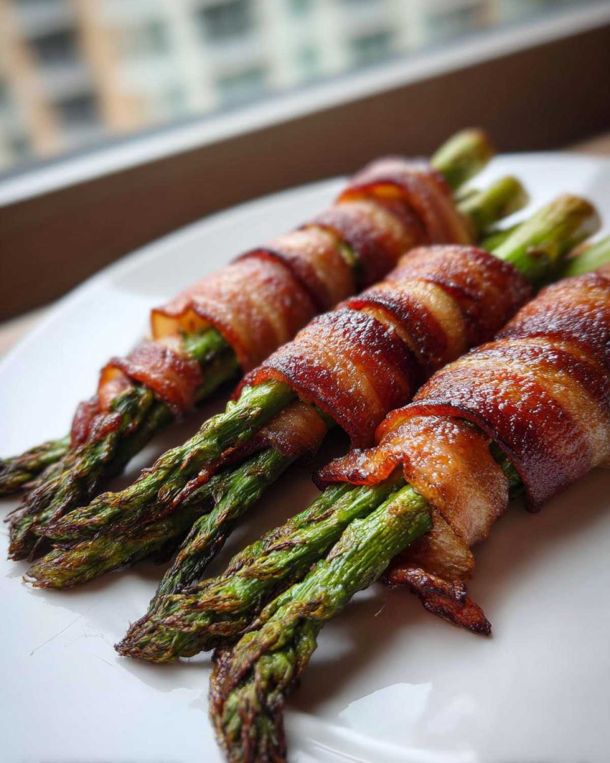Three perfectly cooked Keto Bacon Wrapped Asparagus Bundles resting on a white plate.