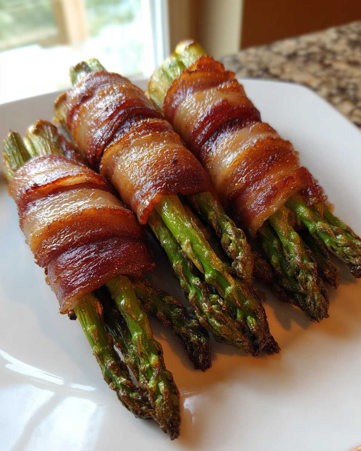Three perfectly cooked Keto Bacon Wrapped Asparagus Bundles resting on a white plate.