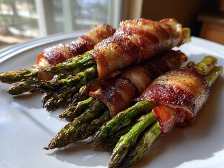 Close-up of perfectly cooked Keto Bacon Wrapped Asparagus Bundles stacked on a white serving plate.