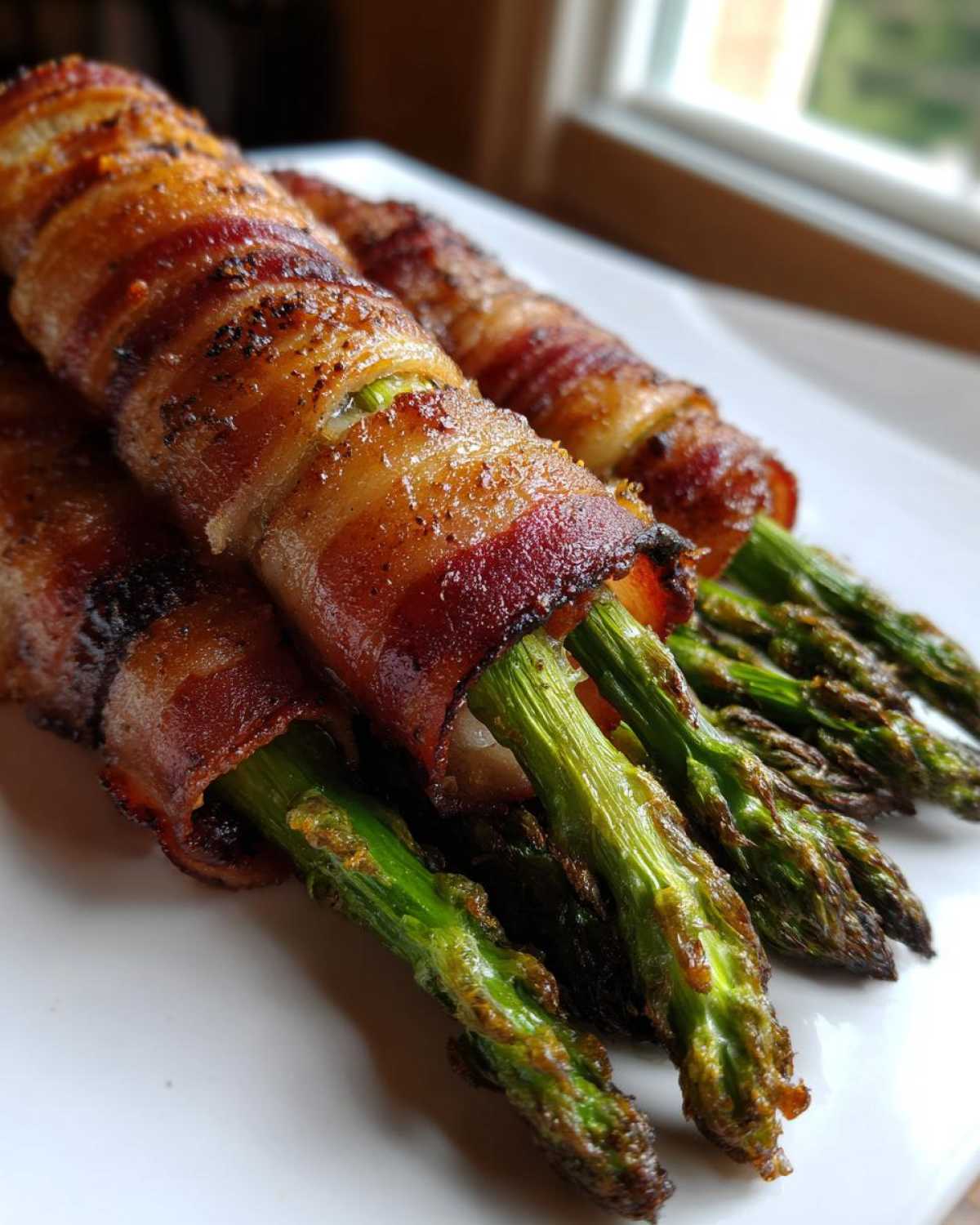 Close-up of perfectly cooked Keto Bacon Wrapped Asparagus Bundles, showing crispy bacon and bright green asparagus tips.