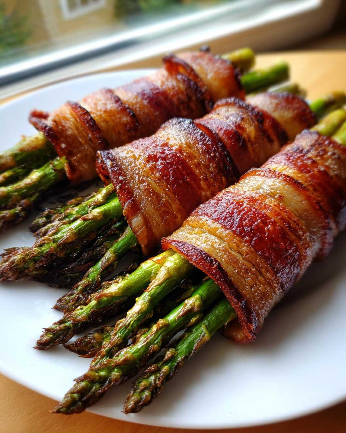 Three perfectly cooked Keto Bacon Wrapped Asparagus Bundles resting on a white plate, featuring crispy bacon and bright green asparagus tips.