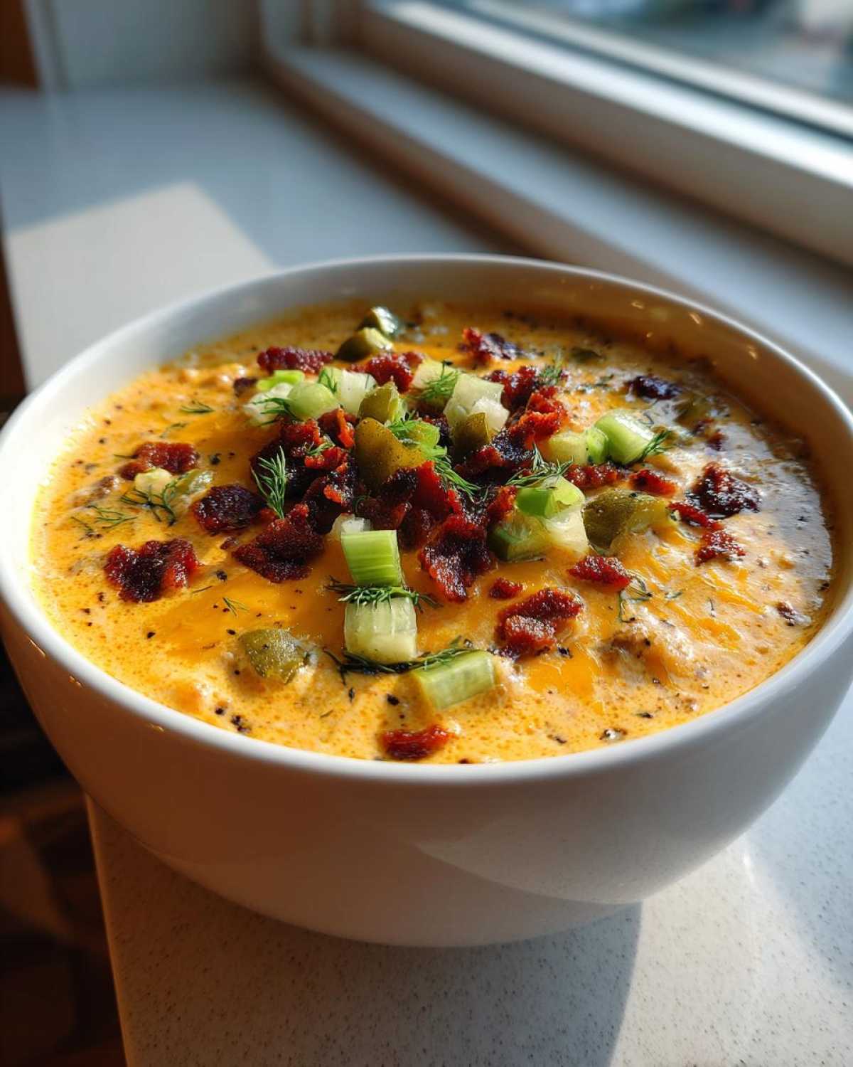 A close-up of creamy, orange Keto Cheeseburger Soup topped with crispy bacon, chopped pickles, and green onions.