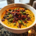 Close-up of a bowl of creamy, orange Keto Cheeseburger Soup garnished heavily with crispy bacon bits and chopped green herbs.