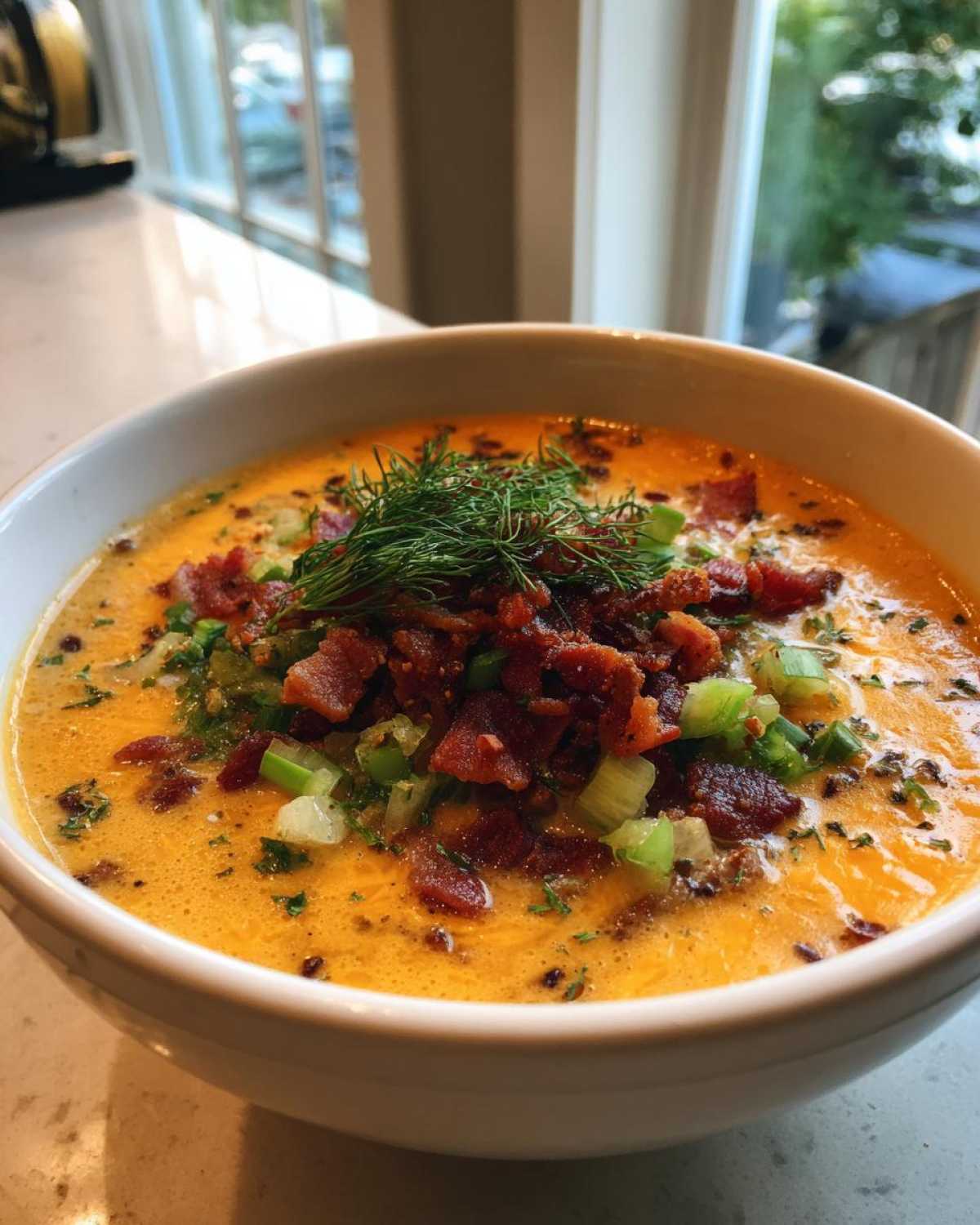 A close-up of a bowl of rich, orange Keto Cheeseburger Soup topped with crispy bacon bits, green onions, and dill.
