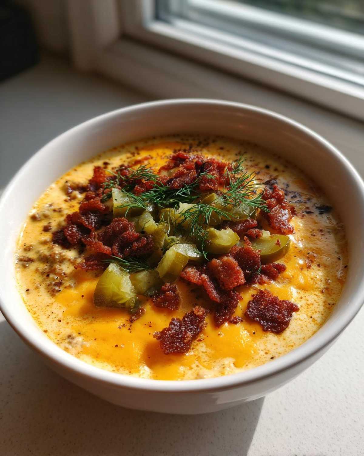 A close-up of a bowl of creamy Keto Cheeseburger Soup topped with crispy bacon, chopped pickles, and fresh dill.