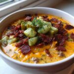 A close-up of a bowl of creamy Keto Cheeseburger Soup, topped with crispy bacon, dill pickles, and fresh dill.