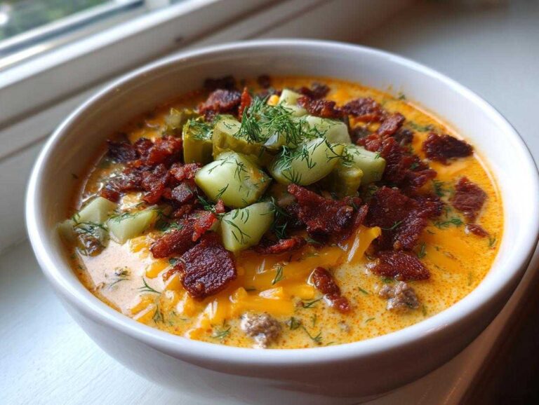 A close-up of a bowl of creamy Keto Cheeseburger Soup, topped with crispy bacon, dill pickles, and fresh dill.