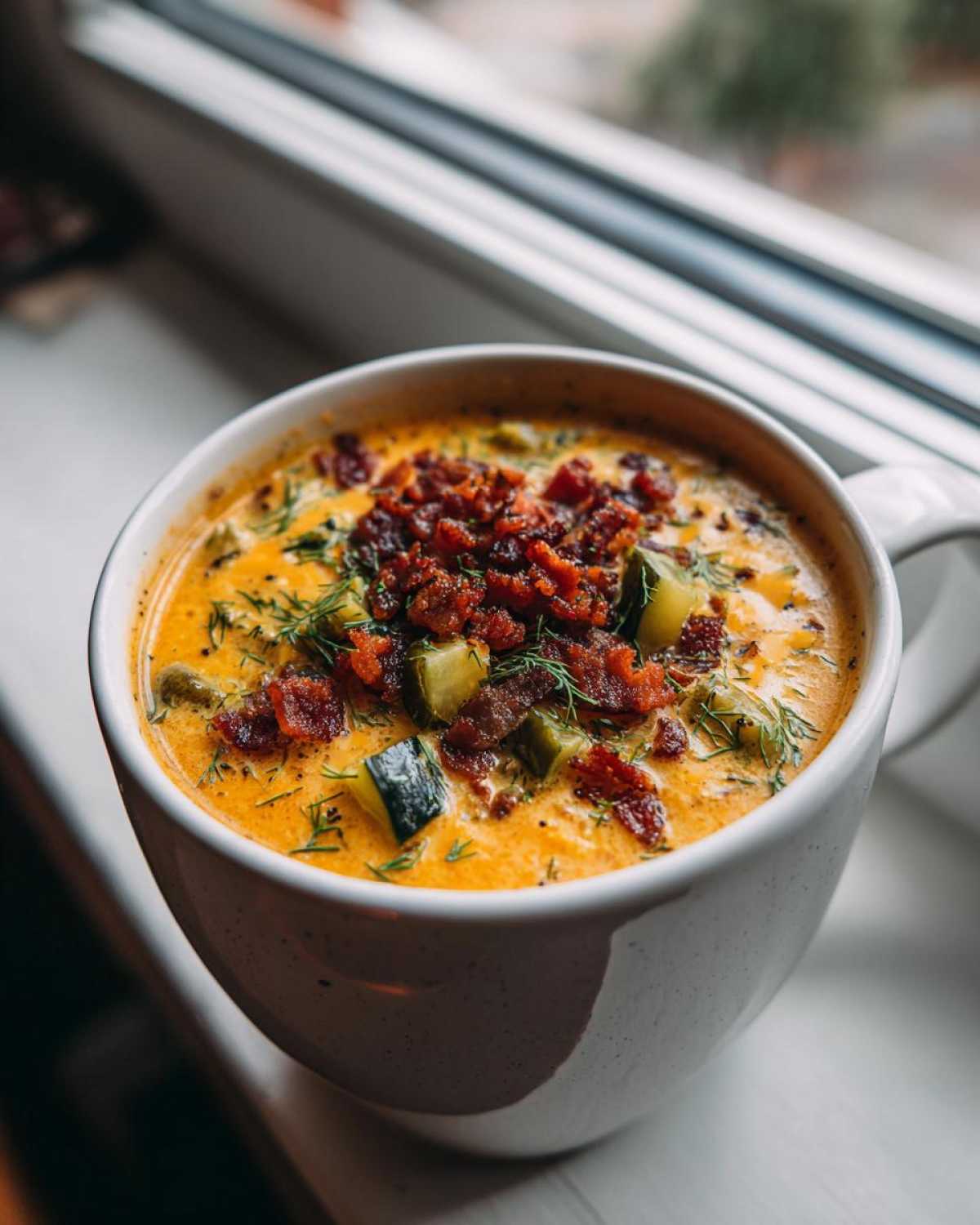 A close-up of rich Keto Cheeseburger Soup in a white mug, topped generously with crispy bacon bits and diced pickles.