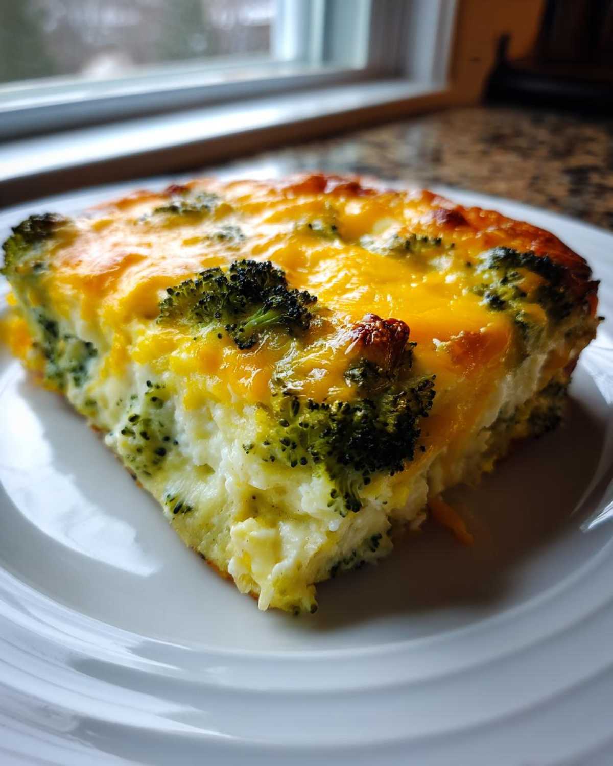 A close-up slice of Keto Cheesy Broccoli Casserole topped with melted, golden cheddar cheese.
