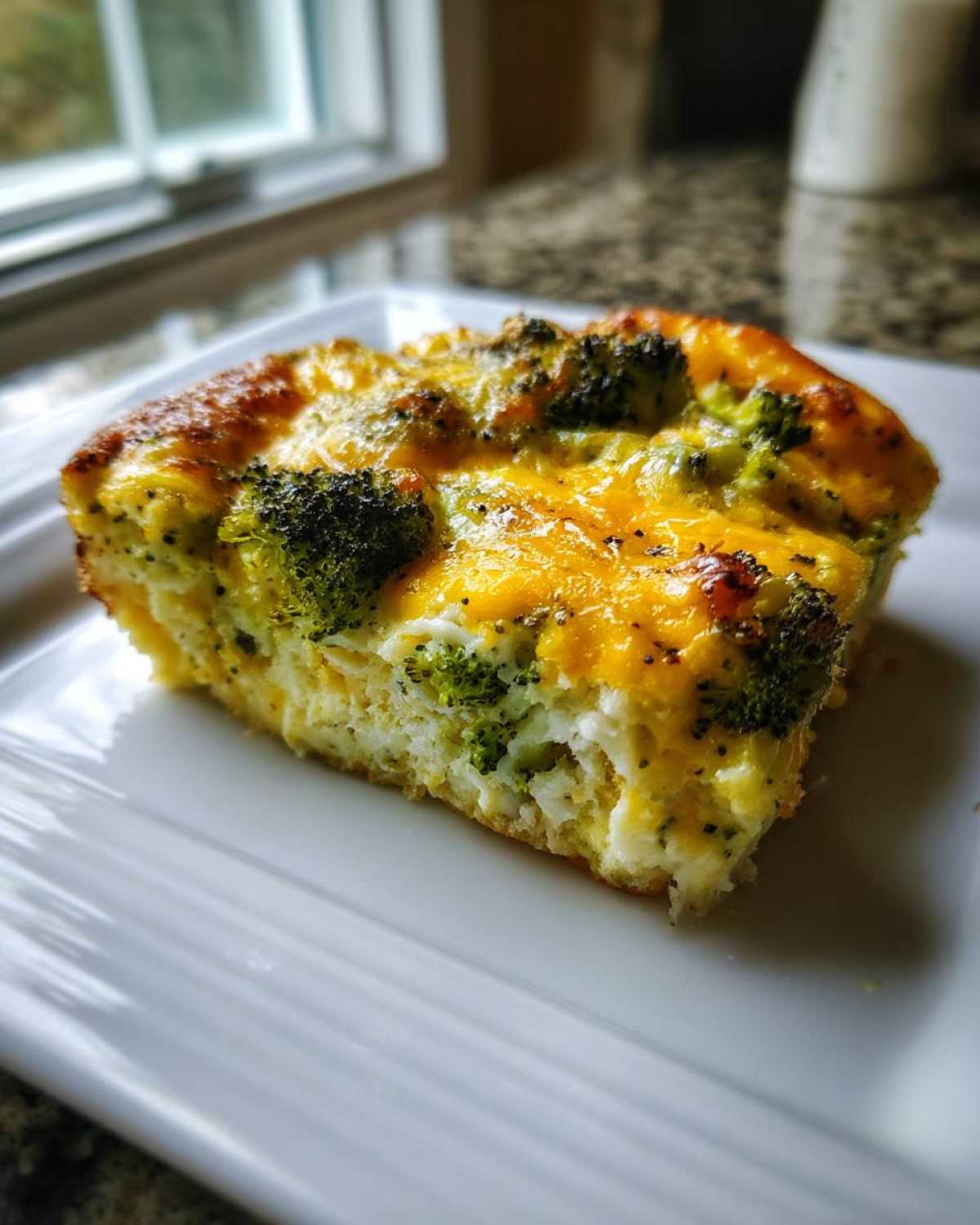 A close-up of a square slice of Keto Cheesy Broccoli Casserole showing eggs, broccoli florets, and a golden melted cheese topping.