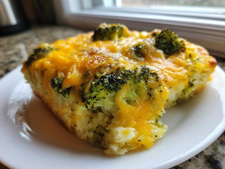 Close-up of a serving of Keto Cheesy Broccoli Casserole topped with melted cheddar cheese and visible broccoli florets.