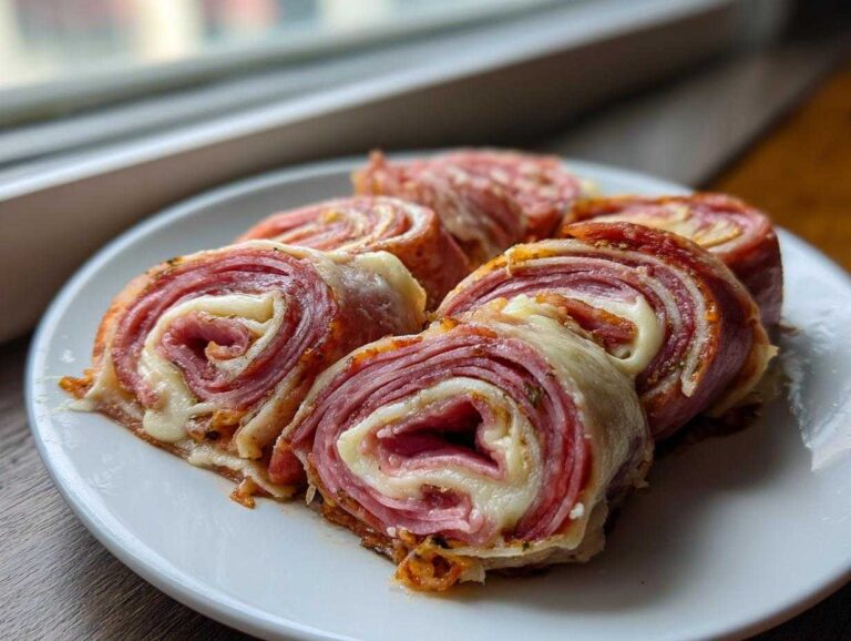 Close-up of five baked Keto Italian Sub Roll-Ups featuring layers of deli meat and melted white cheese.