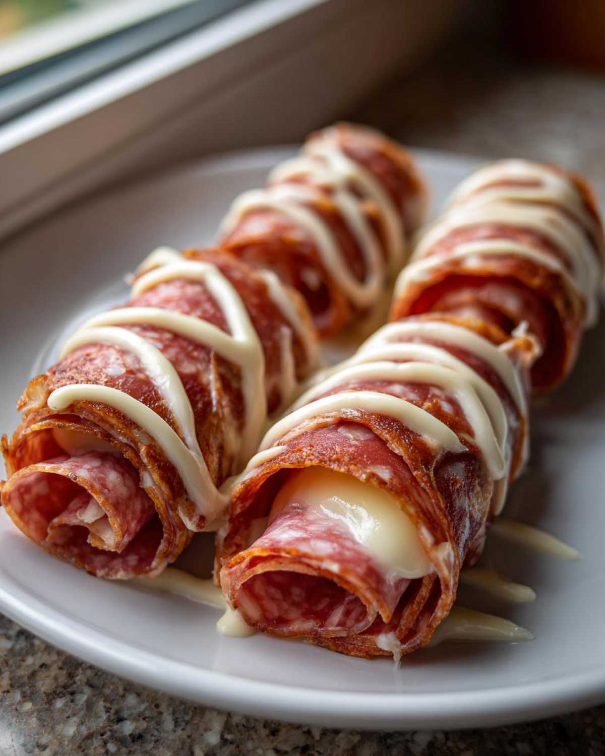 Two Keto Italian Sub Roll-Ups made of salami and melted cheese, drizzled with a white sauce.
