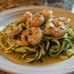Close-up of Keto Shrimp Scampi Zucchini Noodles topped with seasoned shrimp in a buttery sauce.