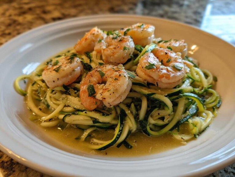 Close-up of Keto Shrimp Scampi Zucchini Noodles topped with seasoned shrimp in a buttery sauce.