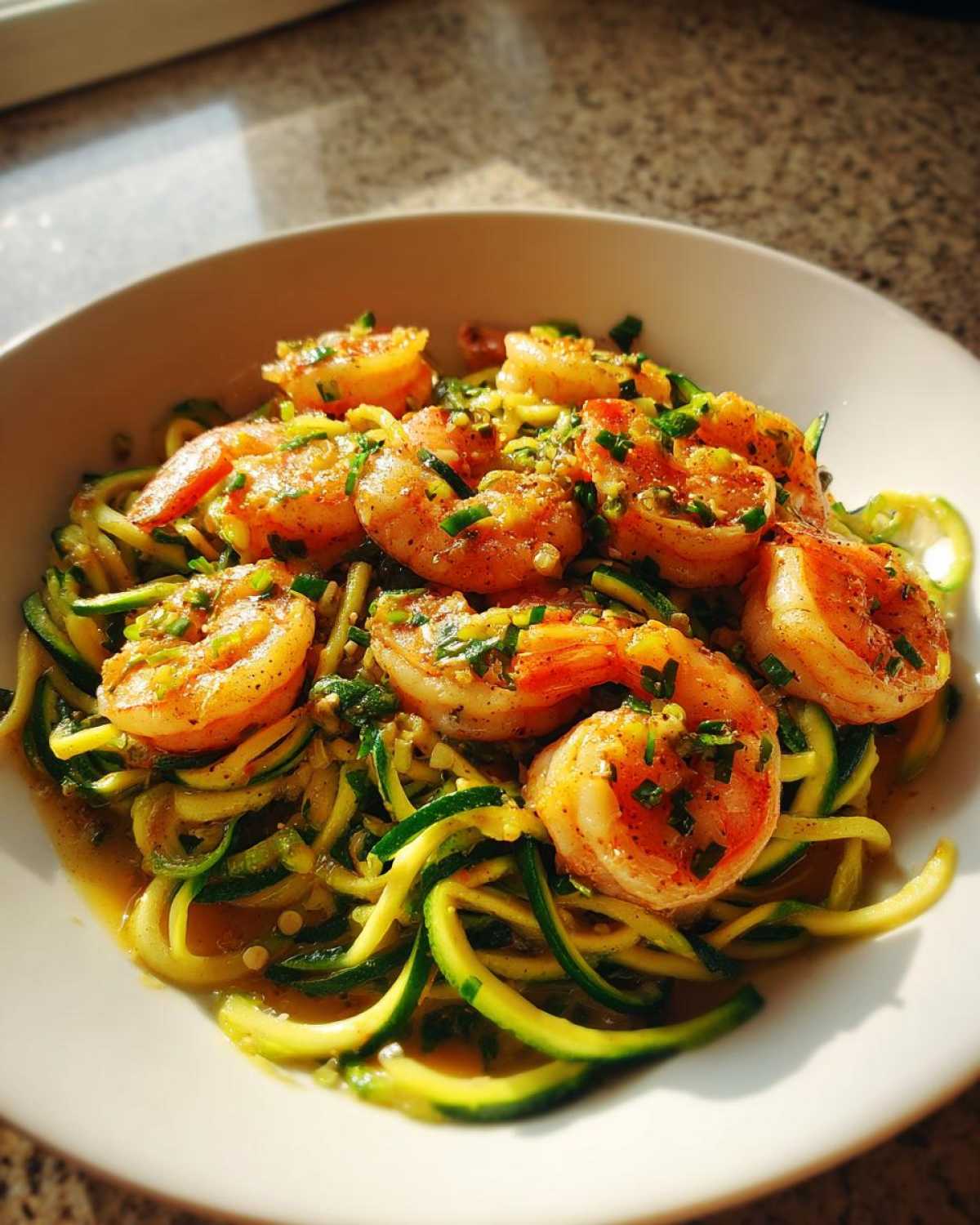 A close-up of Keto Shrimp Scampi Zucchini Noodles served in a white bowl, glistening with sauce and topped with fresh herbs.
