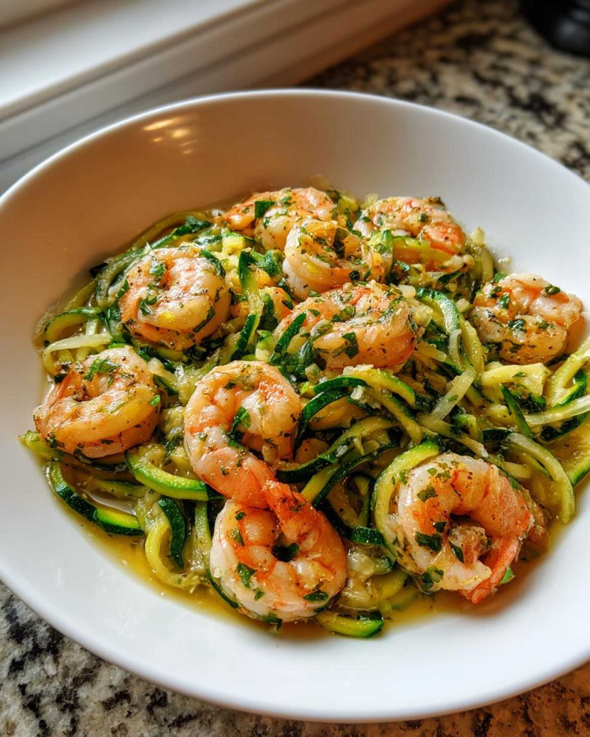 Close-up of Keto Shrimp Scampi Zucchini Noodles tossed in garlic butter sauce in a white bowl.