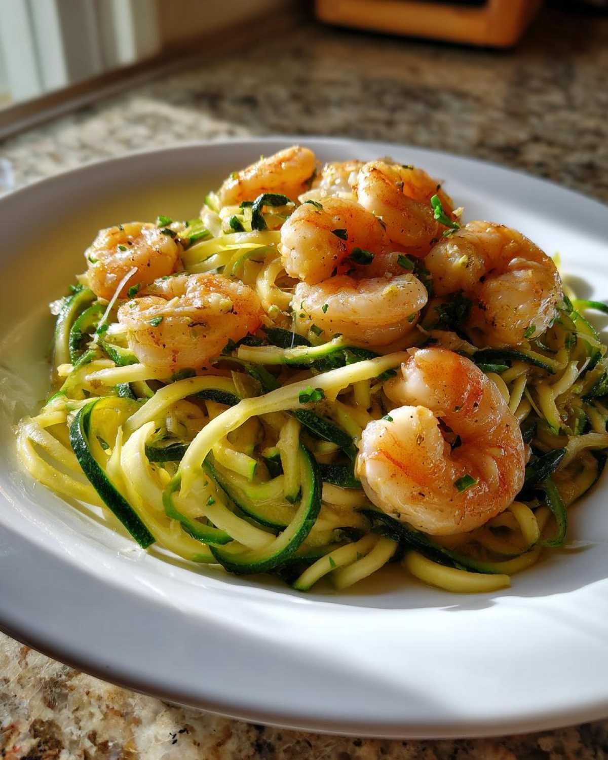 Plated Keto Shrimp Scampi Zucchini Noodles topped with perfectly cooked shrimp and fresh herbs.