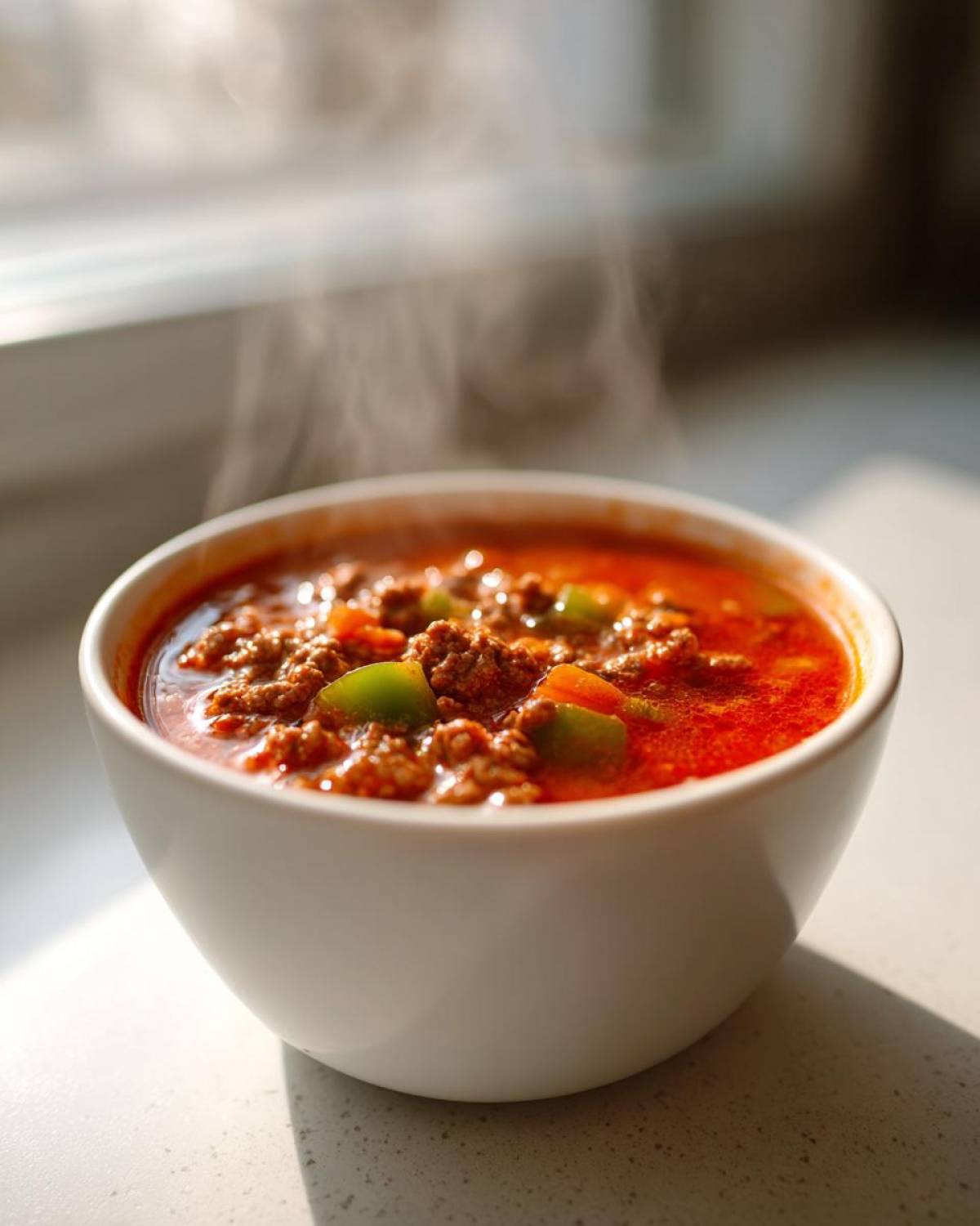 Close-up of a steaming white bowl filled with rich, red Keto Taco Soup with Ground Beef and chunks of green pepper.