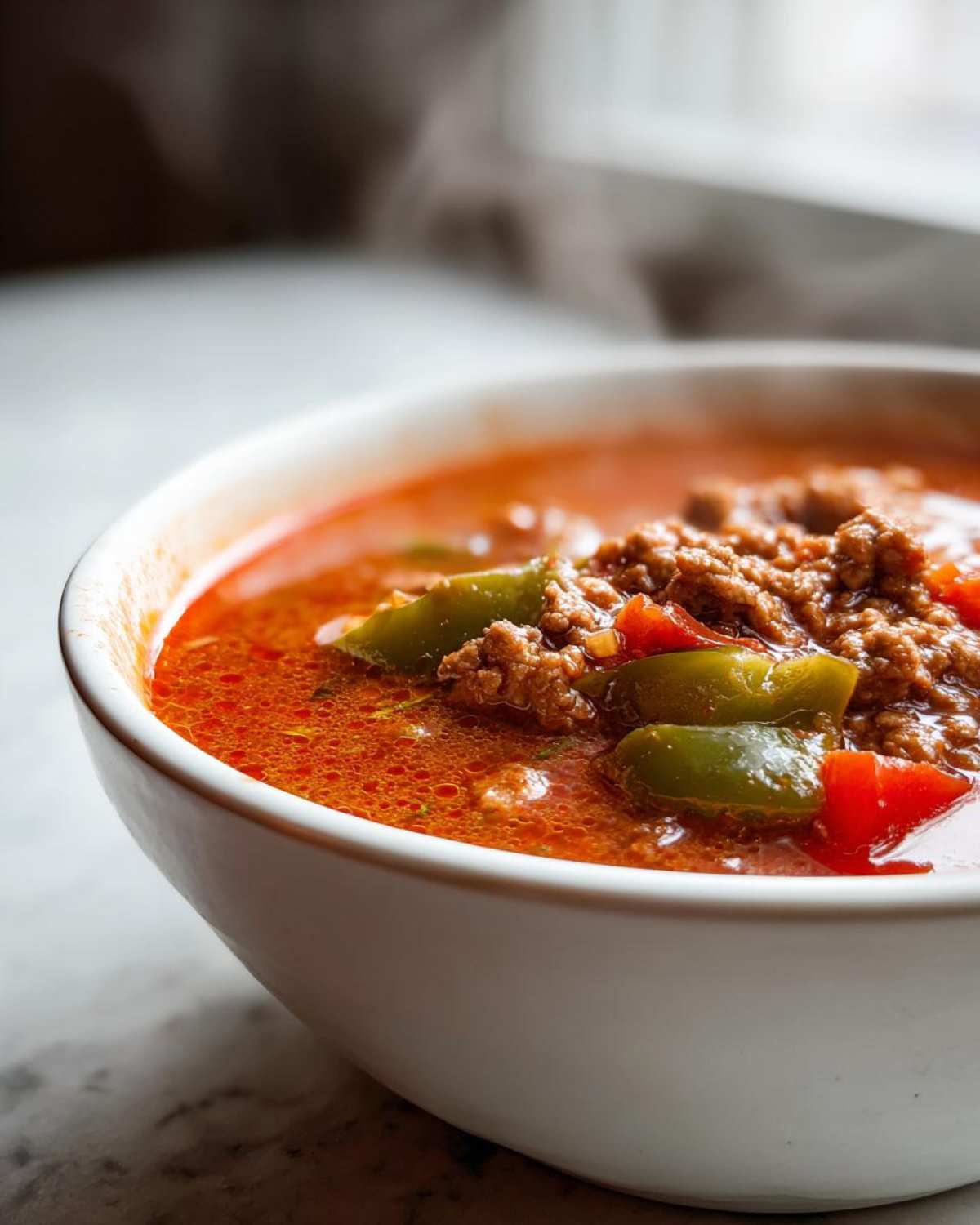 Close-up of a steaming white bowl filled with rich, red Keto Taco Soup with Ground Beef and green peppers.