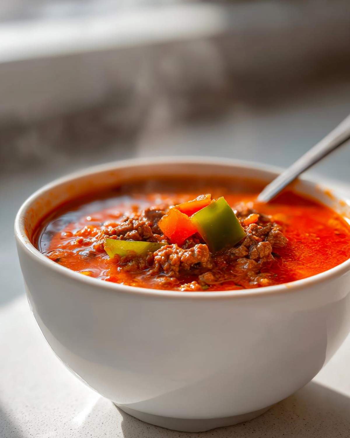Close-up of a steaming white bowl filled with rich, red Keto Taco Soup with Ground Beef and colorful bell pepper chunks.