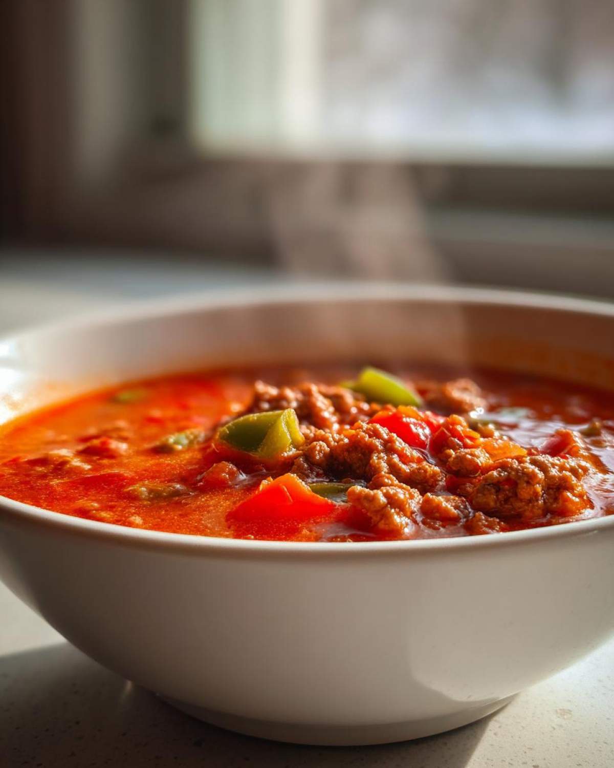 Close-up of a steaming white bowl filled with rich, red Keto Taco Soup with Ground Beef, peppers, and tomatoes.